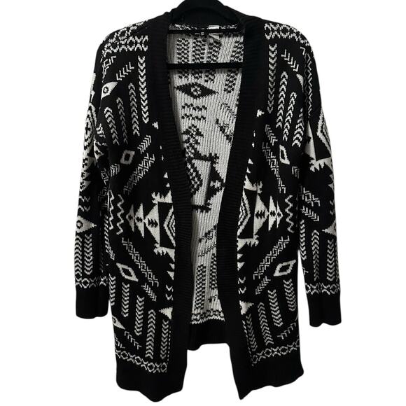H&M Black White Jacquard Knit Open Front Longline Cardigan Women’s S Aztec - Picture 1 of 9